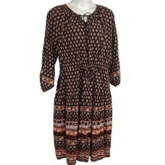 Old Navy Dress Womens L Brown Long Sleeve Maxi Floral Tiered Cottagecore New - Picture 1 of 12